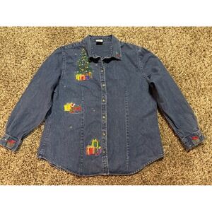 Westbound Women's Denim Christmas Tree Embroidered‎ Long Sleeve Shirt XL Slim